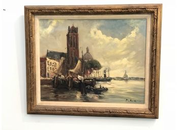 Vintage Harbor Scene Oil On Canvas Signed (Duhome?)