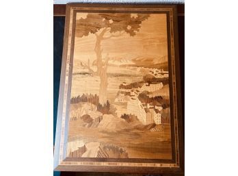 One Of 2 Very Nicely Done Vintage Inlaid Wooden Marquetry Ornate Panel, This Is With One Tree