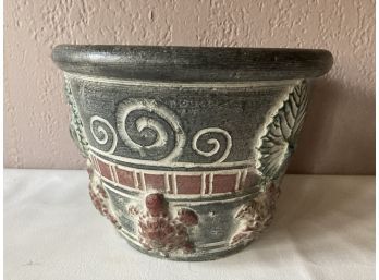 Carved Clay Pot With Raised Turtles And Leaves