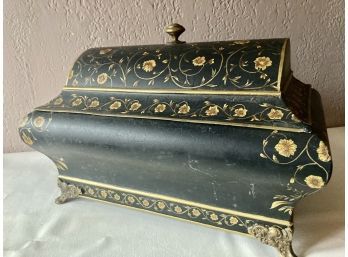 Black Tin With Gold Accents Top Opens And Has Metal Feet