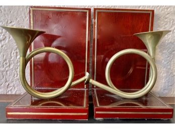 A Pair Of Wood With Metal And Brass Horns Bookends