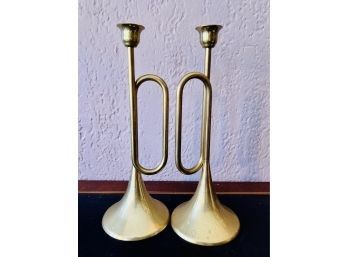 2 Brass Horn Candle Holders