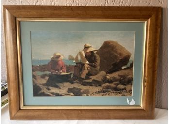 Nostalgic Print Of 2 Young Children By The Sea Shore With Their Ships