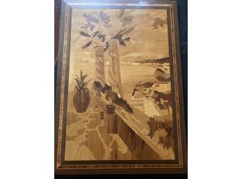 Two Of 2 Very Nicely Done Vintage Marquetry Inlaid Wooden Ornate Panel OwrThis Is With Two Trees Amazing