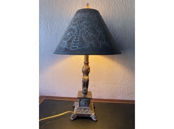 One Of 2 Lamps Metal Base With Wood Uprights  And Embossed Shades