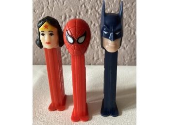 3 Super Hero PEZ Dispensers Wonder Woman Spiderman And Batman