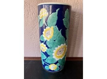 Heavy Ceramic Tall Vase Or Umbrella Stand Blue With Yellow Flowers