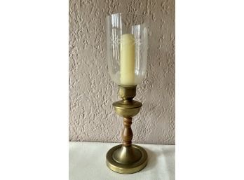 Candle Holer Brass Etched Glass And Wood