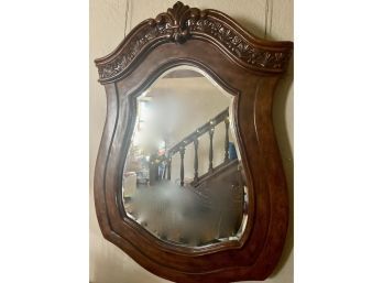 Large Beautiful Mirror With Nice Wood Work On Top And Beveled Mirror By Bombay