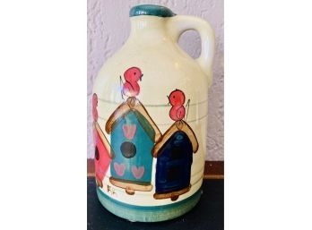 Here Birdie Birdie Qheather Stone Signed Pottery  Stoneware Jug Birdhouse KK Art Studio