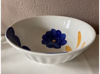 Very Large Bowl White With Blue Bold Flowers  Made In Italy