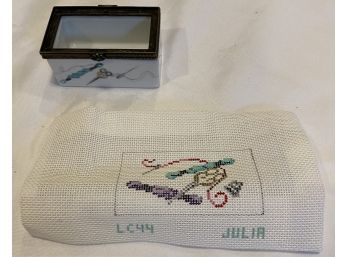 Julia's Needlepoint Sewing Notions Canvas With Porcelain Trinket Box