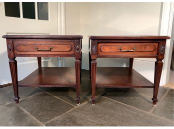 Pair Of Wooden End Tables With Marble Tops