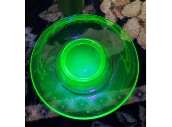 Antique Green Depression Glass Rolled Edge Console Bowl Uranium Vaseline Very Bright Glow 11 1/2' Diameter