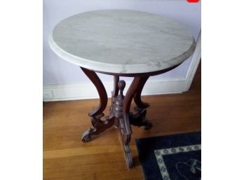 Handsome Victorian Spindled Wood With Carved Legs And Marble Top Side Table