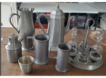 Pewter & Other Metals Lot - Coffee Pot, Pitcher, Milk Can Creamer, 2 Mugs, Zinn 95 Italian Cruet Holder