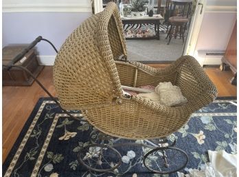 Antique Rattan And Metal Baby Carriage With 3 Beautiful Dolls