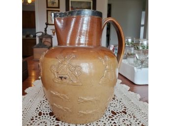 1870 Ceramic Ale Pitcher- Raised Hunting Designs & Sterling Silver Hallmarked Rim Birmingham, Queen Victoria