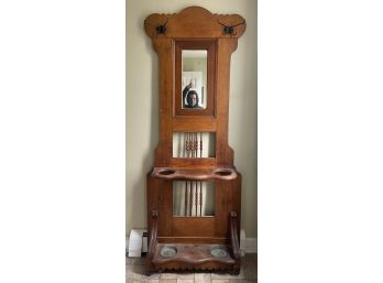 Beautifully Stunning Antique Oak Hall Tree For Hats, Keys, Coats, Umbrella & Cane Storage, Ca 1900-1920