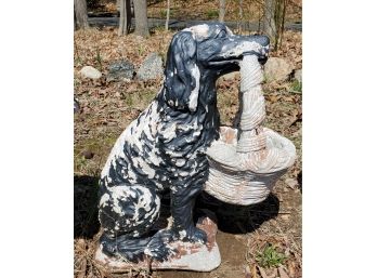 Vintage Cement Garden Statuary- Handsome Detailed Dog With A Woven Flower Basket 26' Tall !