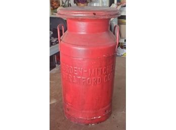 Vintage Stratford, Conn Bordens Mitchell Dairy Red Metal Milk Can Marked:  Bridgeport On The Lid Too!