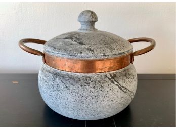 Lidded Stone Vessel With Copper Handles