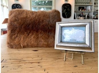 Framed Enamel On Metal Dog Miniature & Vintage Fur Pillow