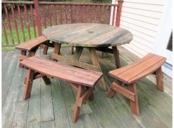 Redwood Outdoor Table And Four Benches Plus Umbrella (see Additional Photos)