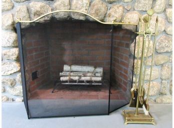 Contemporary Brass And Metal Mesh Fireplace Screen And Tools