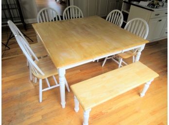 Blond Wood And Dining Table + Six Chairs + Bench
