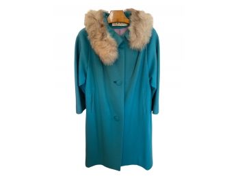 Vintage  60'lilli Ann Coat . Teel Mohair With Fox Fur Collar. Medium Size