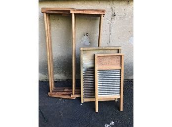 Two Vintage Wash Boards And Wooden Drying Rack
