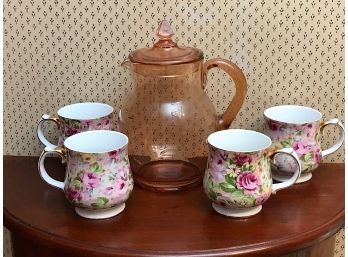 Pretty In Pink Mugs And Pink Glass Coffee Carafe