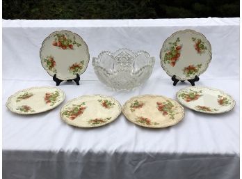 Six Porcelain China Luncheon Plates And Cut Crystal Bowl