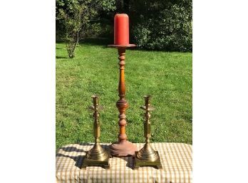 Two Heavy Brass Candlesticks And Wooden Spindle Candleholder