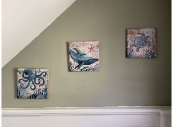 Octopus, Whale And Sea Turtle Canvas Prints Wall Decor - Set Of 3