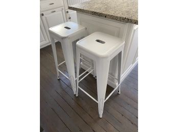 Backless White Metal Counter Stools - Set Of 2