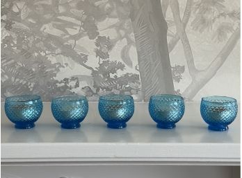 Set Of 5 Turquoise Glass Votive Holders- Made In Italy