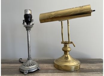 Brass Piano Lamp And An Antiqued Silver Candlestick Lamp
