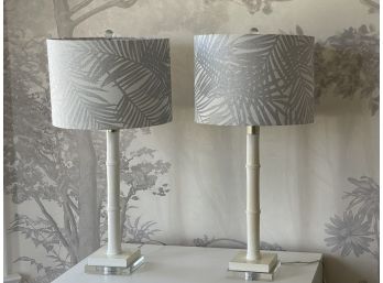 Faux Bamboo White Table Lamps W White And Silver Palm Leaf Drum Lamp Shades- A Pair
