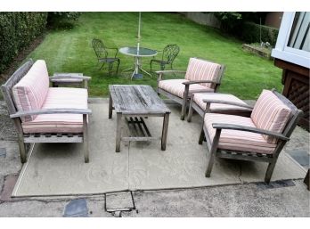 Home Depot All-Weather Six Piece Wood Patio Furniture Set With Pink Striped Cushions