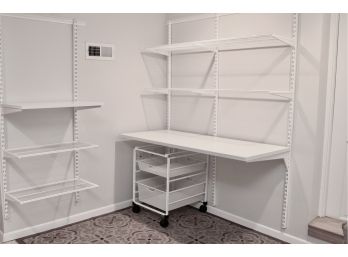The Container Store White Elfa Office Desk And Shelf System + Elfa Mesh Desk Drawers