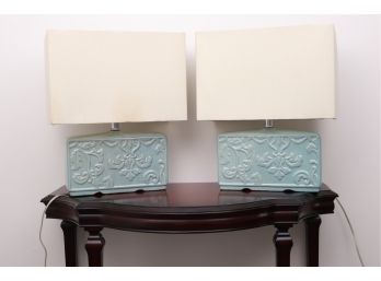 Set Of Two Blue Crackled Lamps With Rectangular Shades