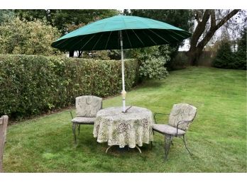 Five Piece Patio Metal Table, Chairs And Umbrella