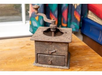 Vintage Hand Crank Cast Iron & Wood Coffee Grinder Mill