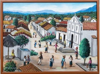 Oil On Canvas Signed Guatemalan Village Painting