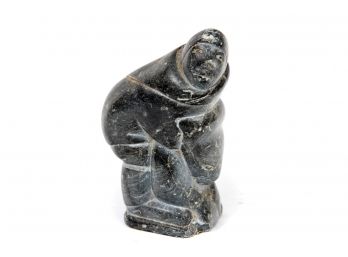 Inuit Art Esquimau Soap Stone Carving Of Man Holding Animal