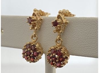 Pair Of 14K Yellow Gold & Garnet Drop Earrings