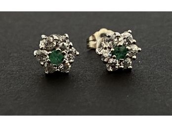 Pair Of 10K White Gold , Emerald & Crystal  Earrings