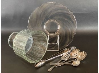 A Small Assortment Of Hostess Items: Trifle Bowl, Platter & Utensils